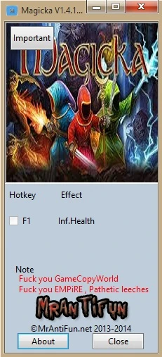 Magicka: Трейнер/Trainer (+1: Бессмертие / Immortality) [1.4.16.0 + All DLC] {MrAntiFun}