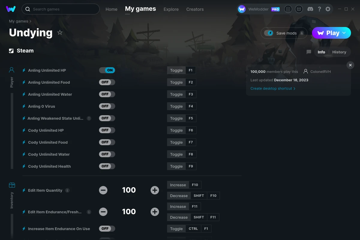 Undying "Трейнер +29" [UPD: 16.12.2023] {ColonelRVH / WeMod}