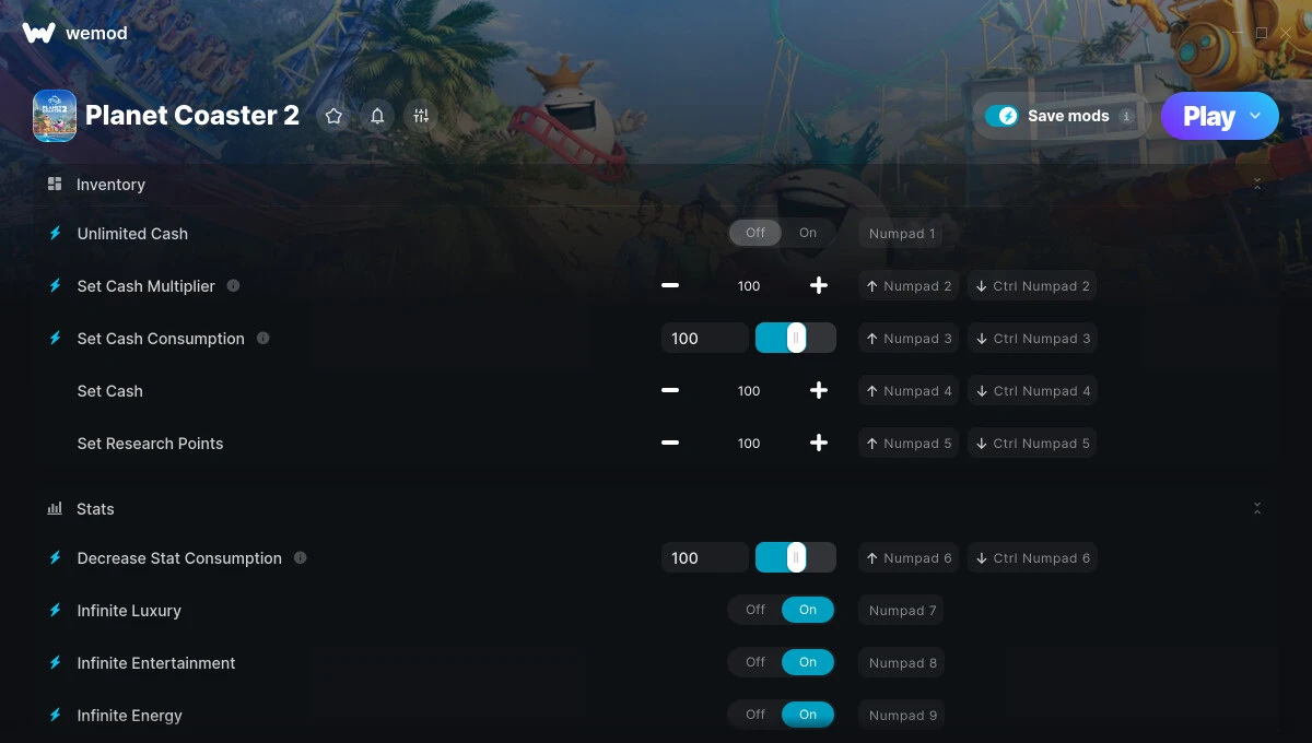 Planet Coaster 2 "Трейнер +14 от WeMod: Деньги, роскошь, голод, жажда и пр"
