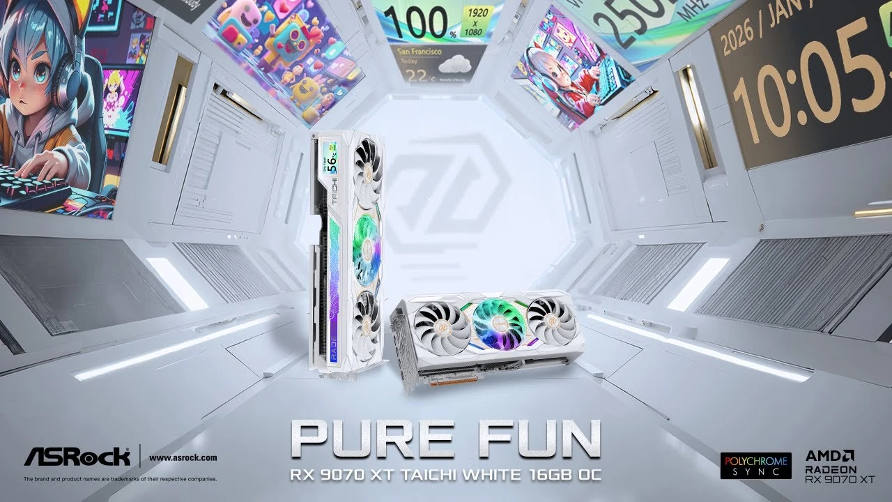 ASRock выпускает RX 9070 XT Taichi White 16 ГБ OC с ЖК-дисплеем, RGB-подсветкой, 384-битной шиной памяти