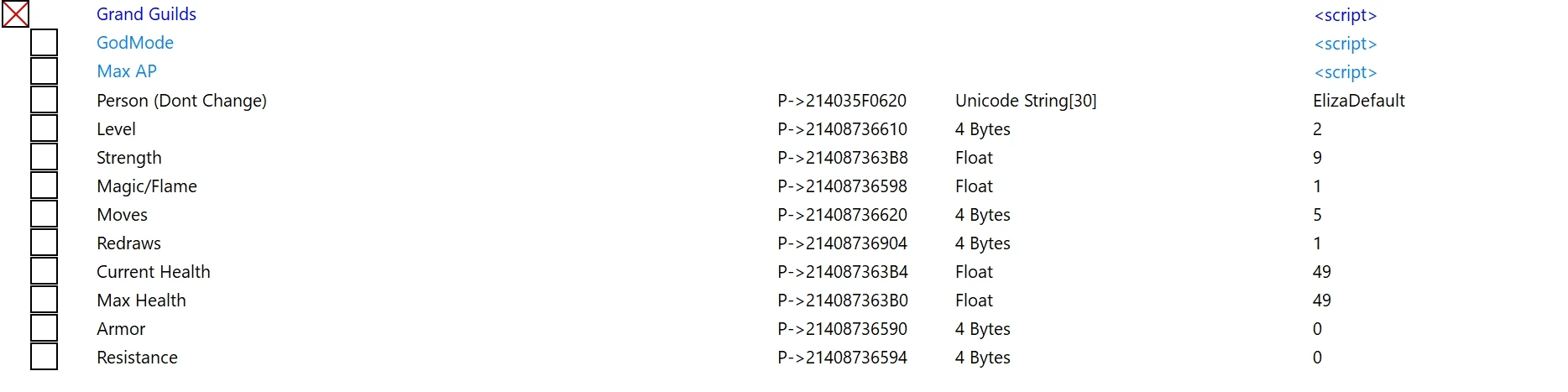 Grand Guilds: Таблица для Cheat Engine [1.0.0 & 1.01] {gideon25}