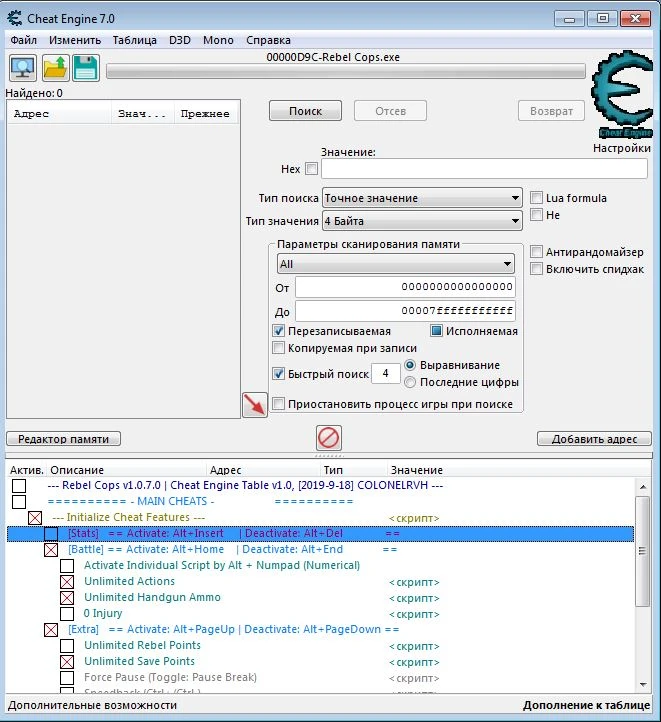 Rebel Cops: Таблица для Cheat Engine [1.0.7.0] [ColonelRVH]