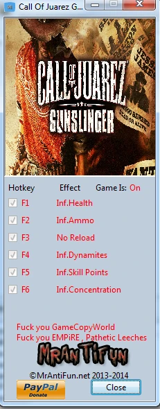 Call of Juarez ~ Gunslinger: Трейнер/Trainer (+6) [1.0.5.0] {MrAntiFun}