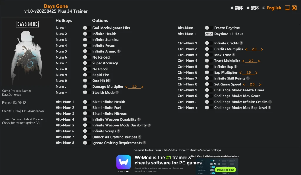 Days Gone "Трейнер +34" [1.0 - UPD: 25.04.2025] {FLiNG}
