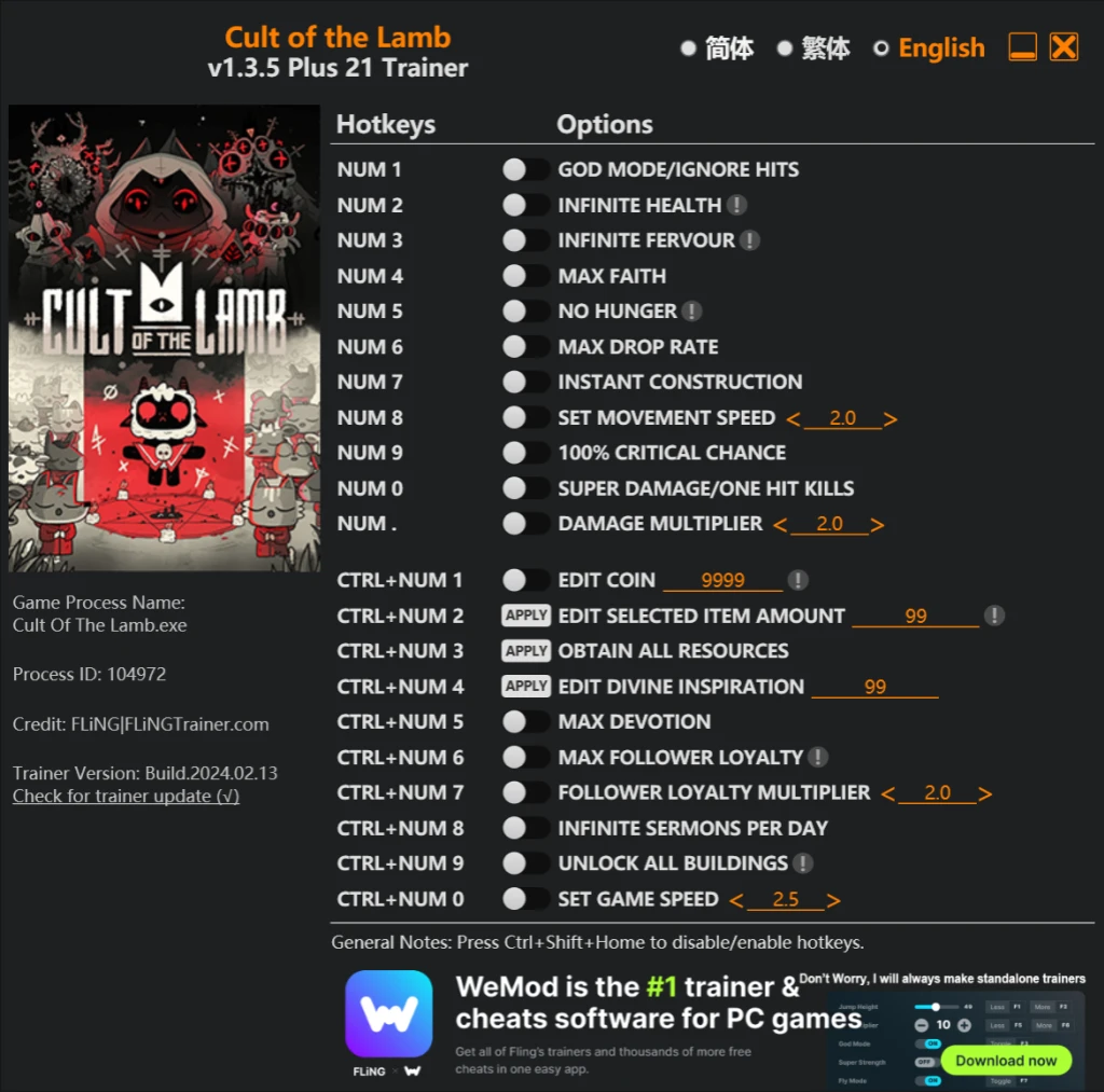 Cult of the Lamb "Трейнер +21" [1.3.5] {FLiNG}