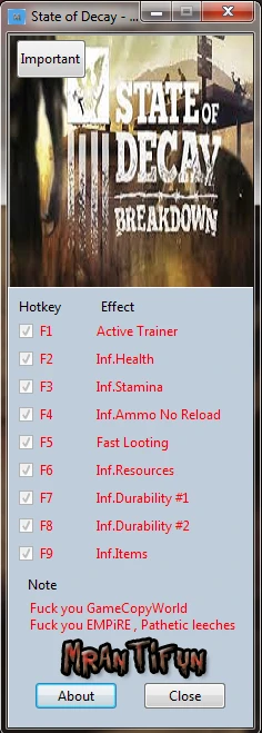 State of Decay ~ Breakdown: Трейнер/Trainer (+8) [1.0] {MrAntiFun}