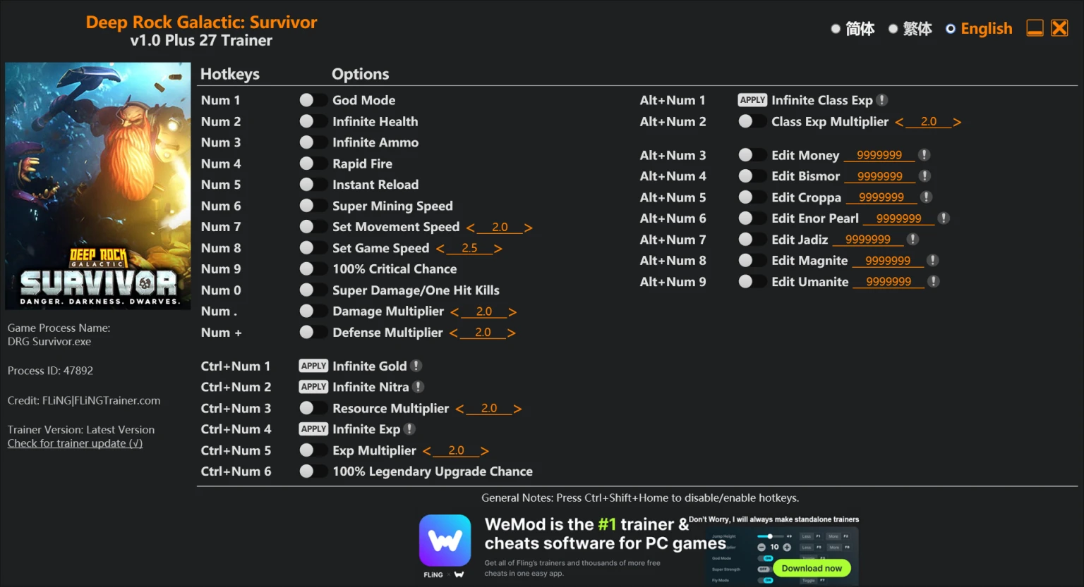 Deep Rock Galactic: Survivor "Трейнер +27 от FLiNG: Здоровье, патроны, шанс и пр" [1.0]