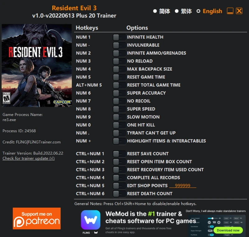 Resident Evil 3 "Трейнер +20" [1.0 - UPD: 22.06.2022] {FLiNG}