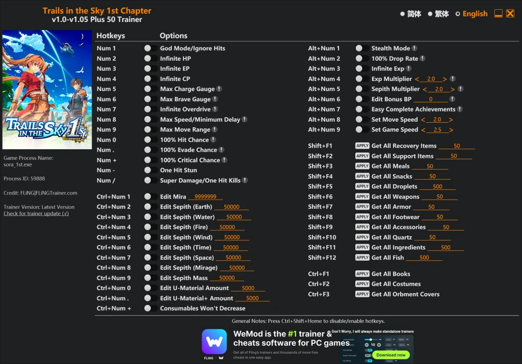 Trails in the Sky 1st Chapter "Трейнер +50 от FLiNG: Редактор игрока, оружия, инвентаря" [1.05]