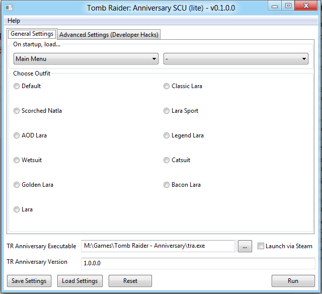 Tomb Raider: Anniversary "Выбор любого уровня и костюмов + читы: SCU (Lite)" [0.1.0.0: Для старых ОС]