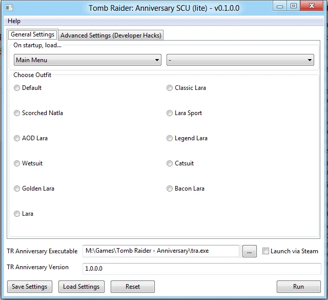 Tomb Raider: Anniversary "Выбор любого уровня и костюмов + читы: SCU (Lite)" [0.1.0.0: Для старых ОС]