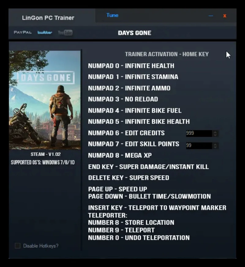 Days Gone "Трейнер +20 от LinGon: Здоровье, патроны, кредиты, опыт, невидимость, скорость, телепорт"