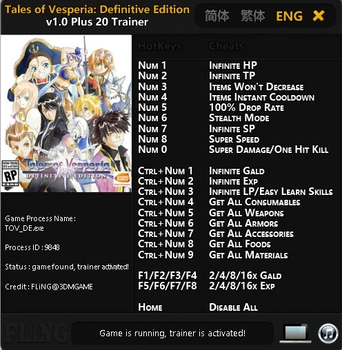 Tales of Vesperia: Definitive Edition: Трейнер/Trainer (+20) [1.0] {FLING}