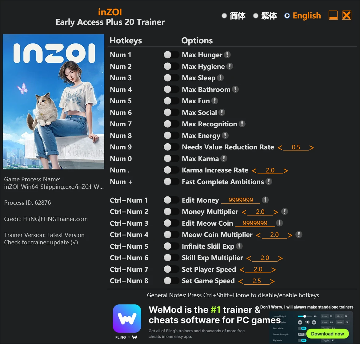 inZOI "Трейнер +20: Редактор характеристик, потребностей, денег, опыта" {FLiNG}
