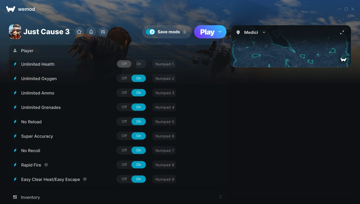 Just Cause 3 "Трейнер +17 от WeMod: Здоровье, кислород, патроны и пр"