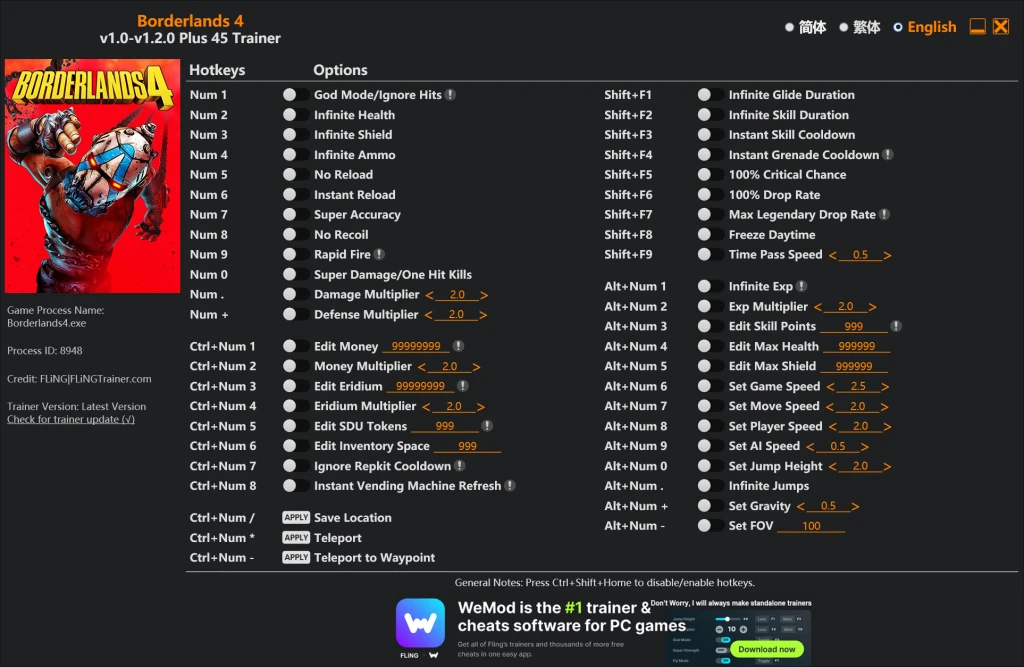 Borderlands 4 "Трейнер +45 от FLiNG: Редактор игрока, оружия, инвентаря" [1.2.0]