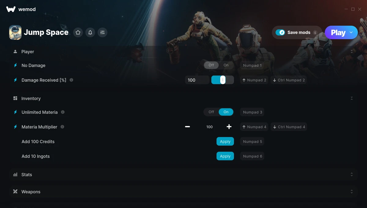 Jump Space "Трейнер +21 от WeMod: Урон, патроны, материя и пр"