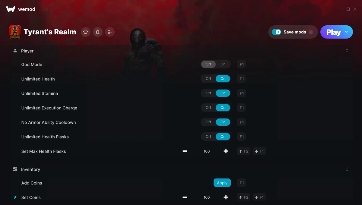 Tyrant's Realm "Трейнер +20 от WeMod: Редактор игрока и инвентаря"