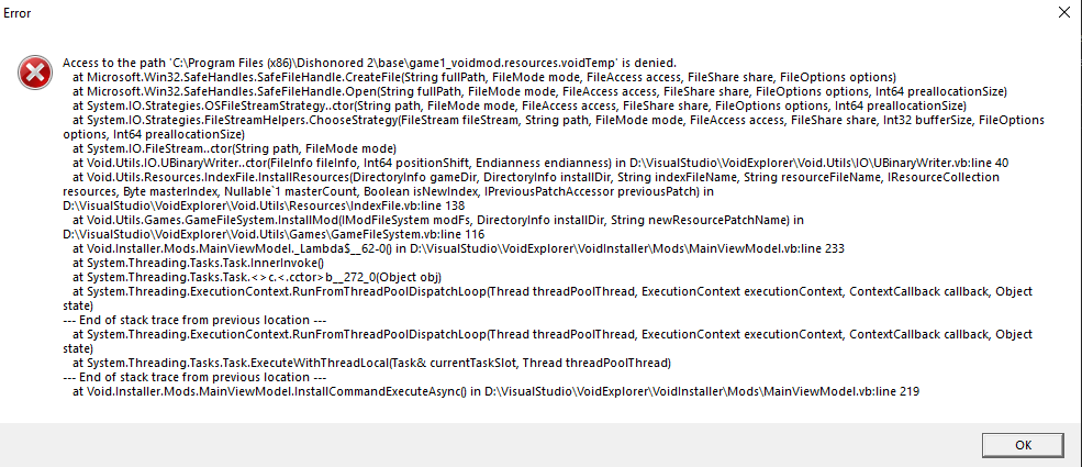 Ошибка Void Installer'a для Dishonored 2