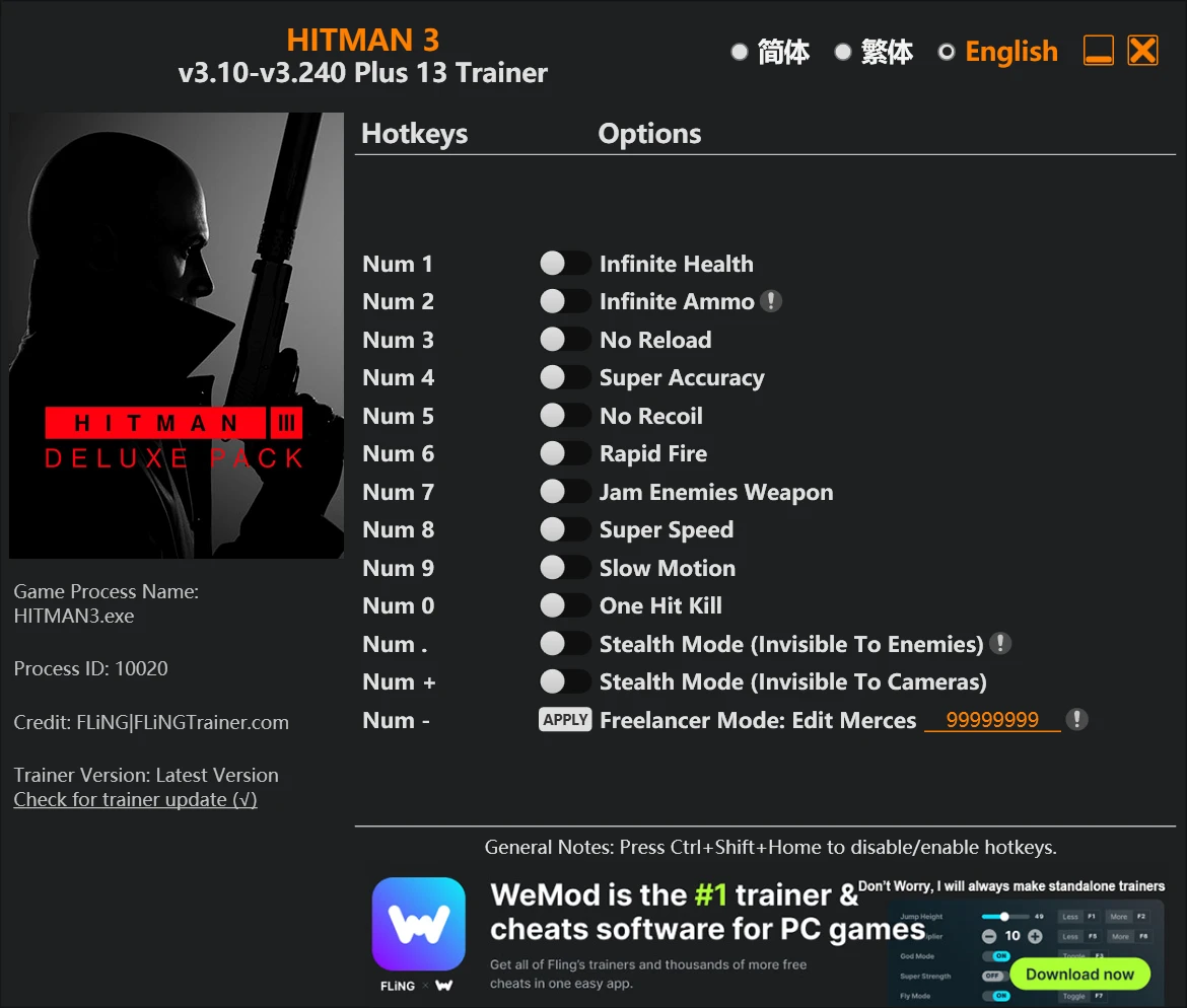 Hitman 3 "Трейнер +13 от FLiNG: Здоровье, патроны, точность и пр" [3.10 - 3.240]