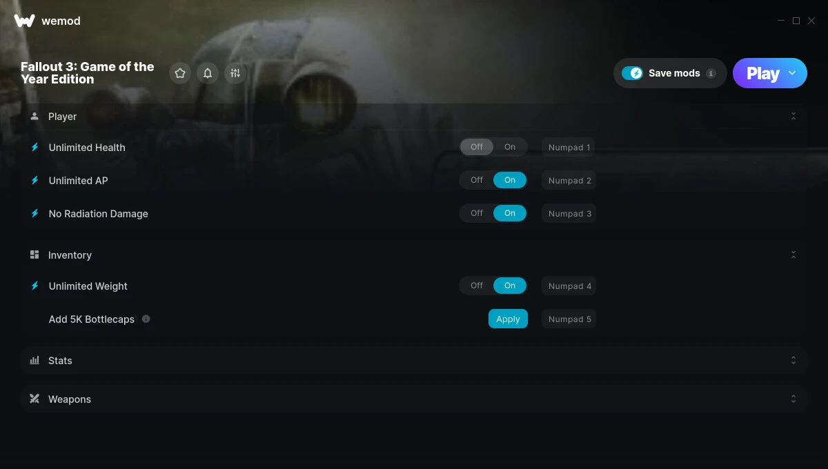 Fallout 3: Game of the Year Edition "Трейнер +9 от WeMod: Здоровье, вес, опыт, крышки и пр"