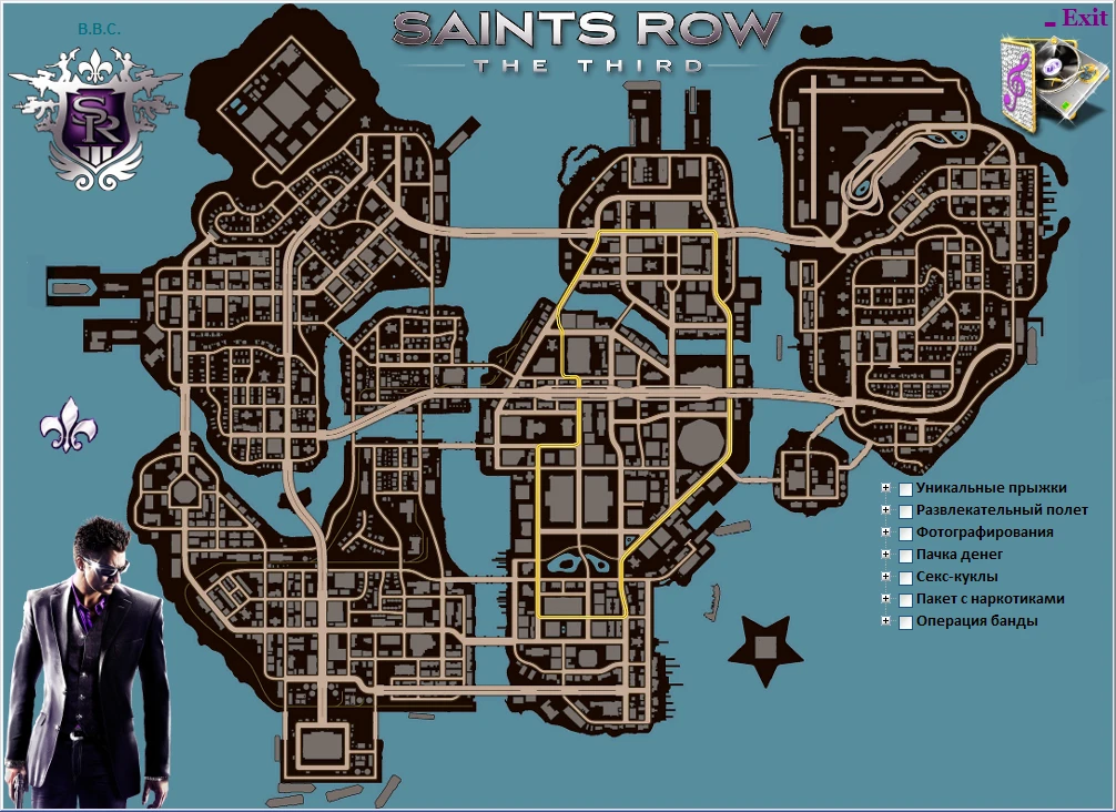 Saints Row: The Third - Карта расположений всех уникальных прыжков, развлекательных полетов, фотографирования, пачек денег, секс-кукол, пакетов с наркотиками и тд