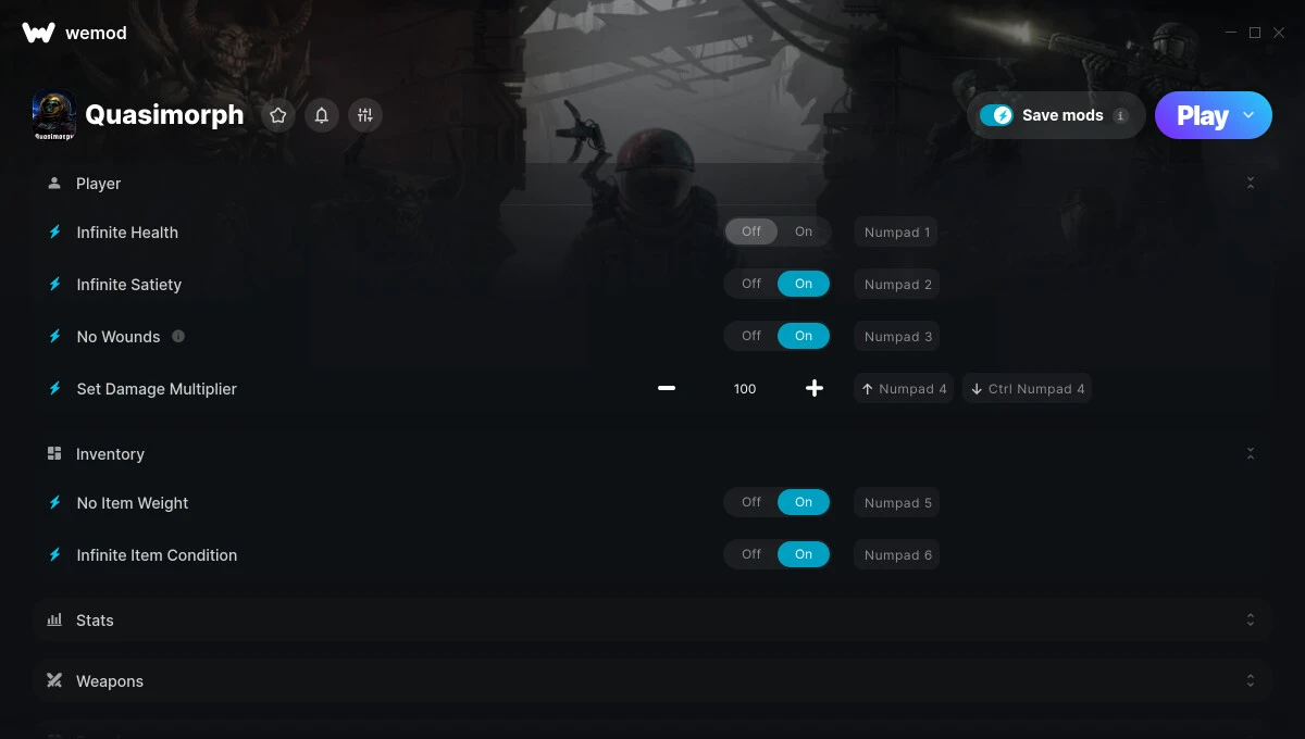 Quasimorph "Трейнер 15 от WeMod: Здоровье, урон, вес и пр"