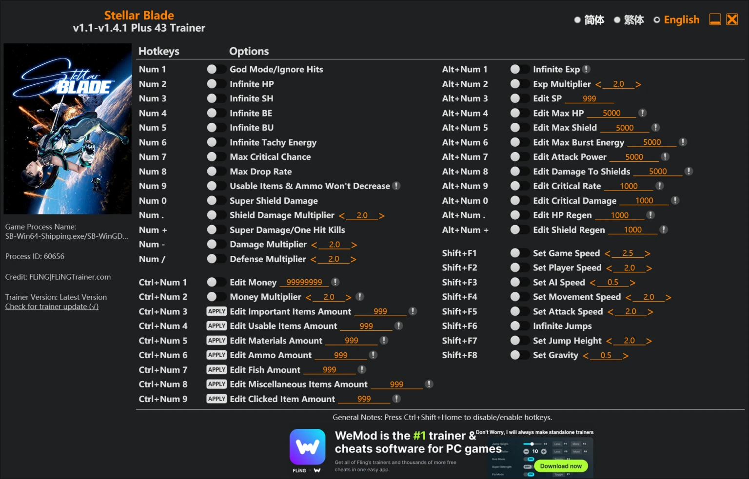 Stellar Blade "Трейнер +43 от FLiNG: Здоровье, энергия, предметы и пр" [1.1 - 1.4.1]