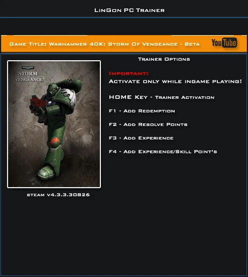 Warhammer 40.000 ~ Storm of Vengeance: Трейнер/Trainer (+4) [4.3.3.30826: Beta] {LinGon}