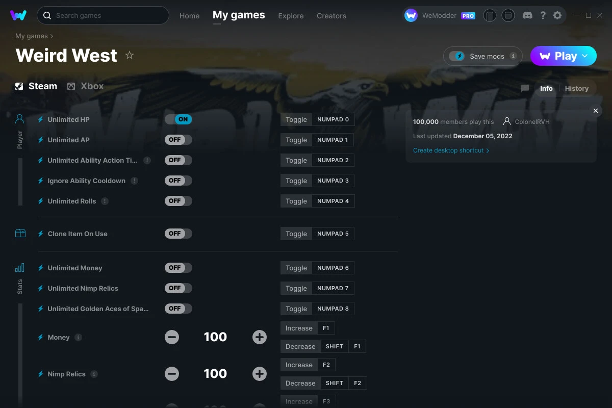 Weird West "Трейнер +19" [UPD: 05.12.2022] {ColonelRVH / WeMod}