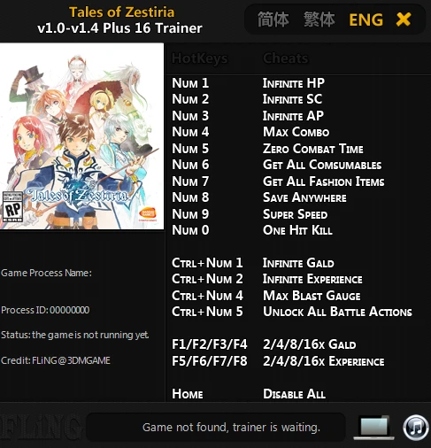 Tales of Zestiria / Сказания Зестирии: Трейнер/Trainer (+16) [1.0 - 1.4] {FliNG}