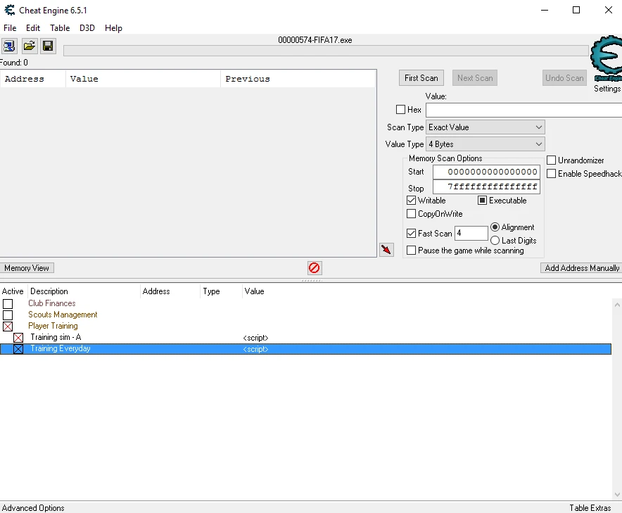 FIFA 17: Таблица Cheat Engine (Все тренировки на А, тренировки каждый день)