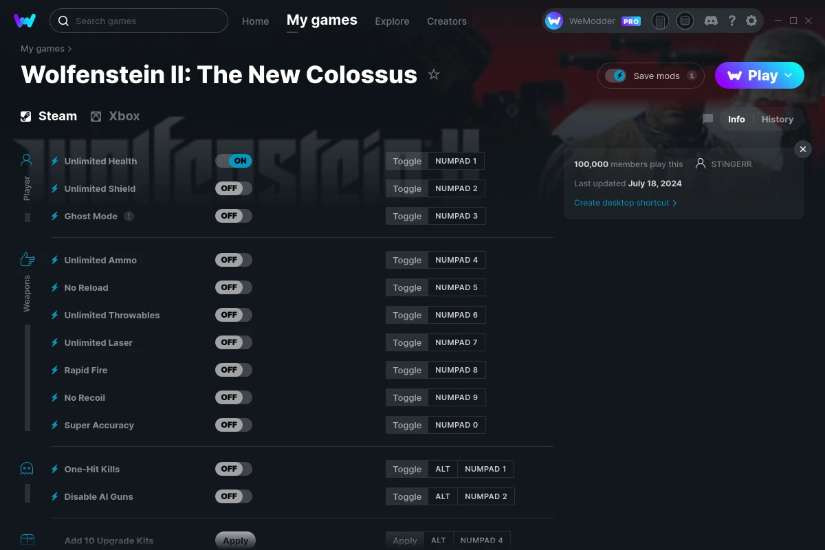 Wolfenstein 2: The New Colossus "Трейнер +17" [UPD: 16.06.2025 / Steam, MS] {STiNGERR / WeMod}