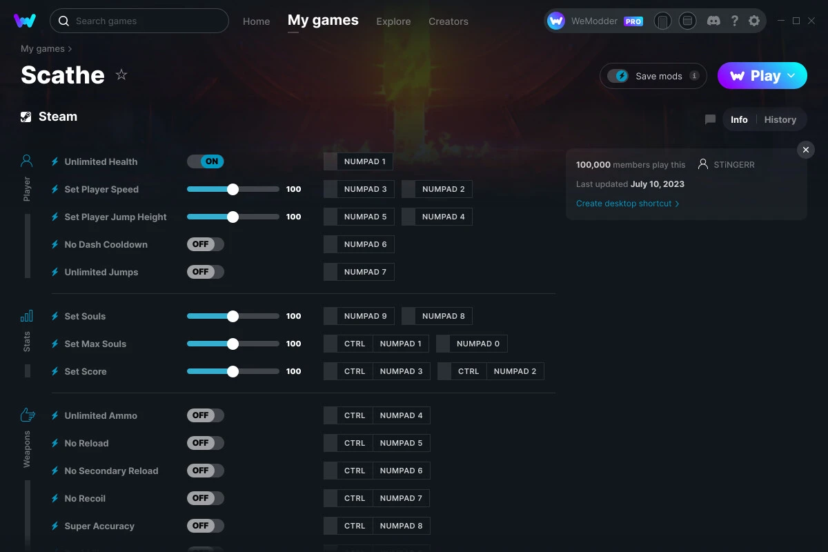 Scathe "Трейнер +15" [UPD: 10.07.2023] {STiNGERR / WeMod}