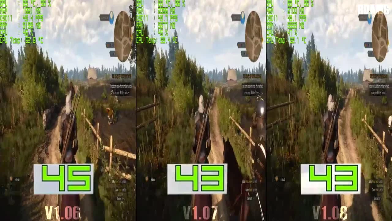 Сравнение FPS в Witcher 3 с патчами 1.06, 1.07 и 1.08