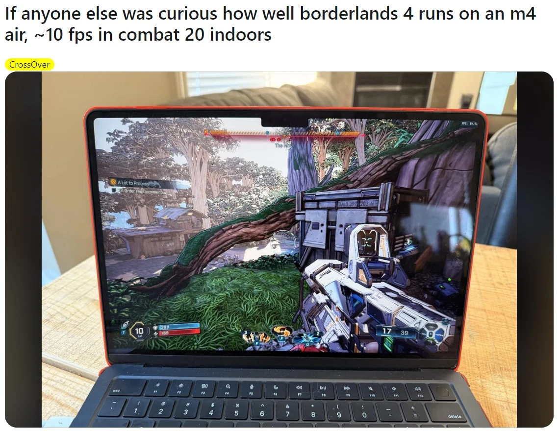 Перегрев и всего 10 FPS: на MacBook Air M4 с помощью CrossOver запустили Borderlands 4