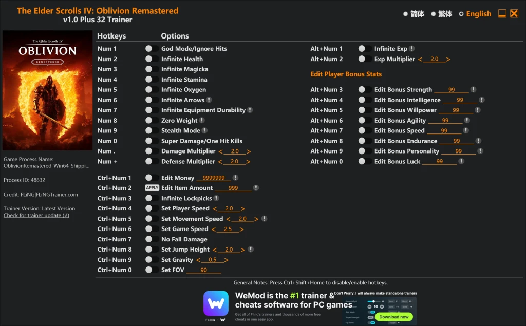 The Elder Scrolls 4: Oblivion Remastered "Трейнер +32" [1.0] {FLiNG}