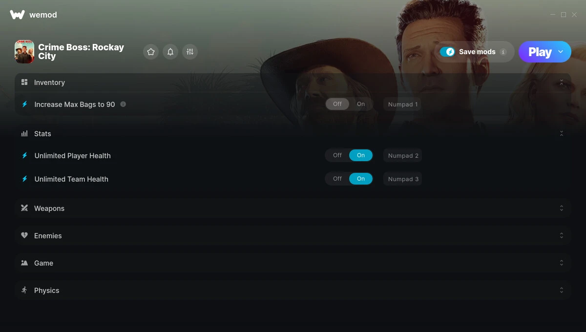 Crime Boss: Rockay City "Трейнер +25 от WeMod: Здоровье, патроны, скорость, прыжки и пр"