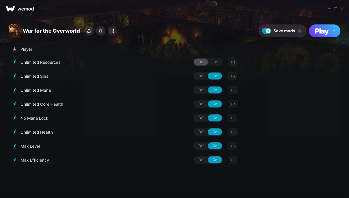 War for the Overworld "Трейнер +8 от WeMod: Ресурсы, грехи, мана и пр"