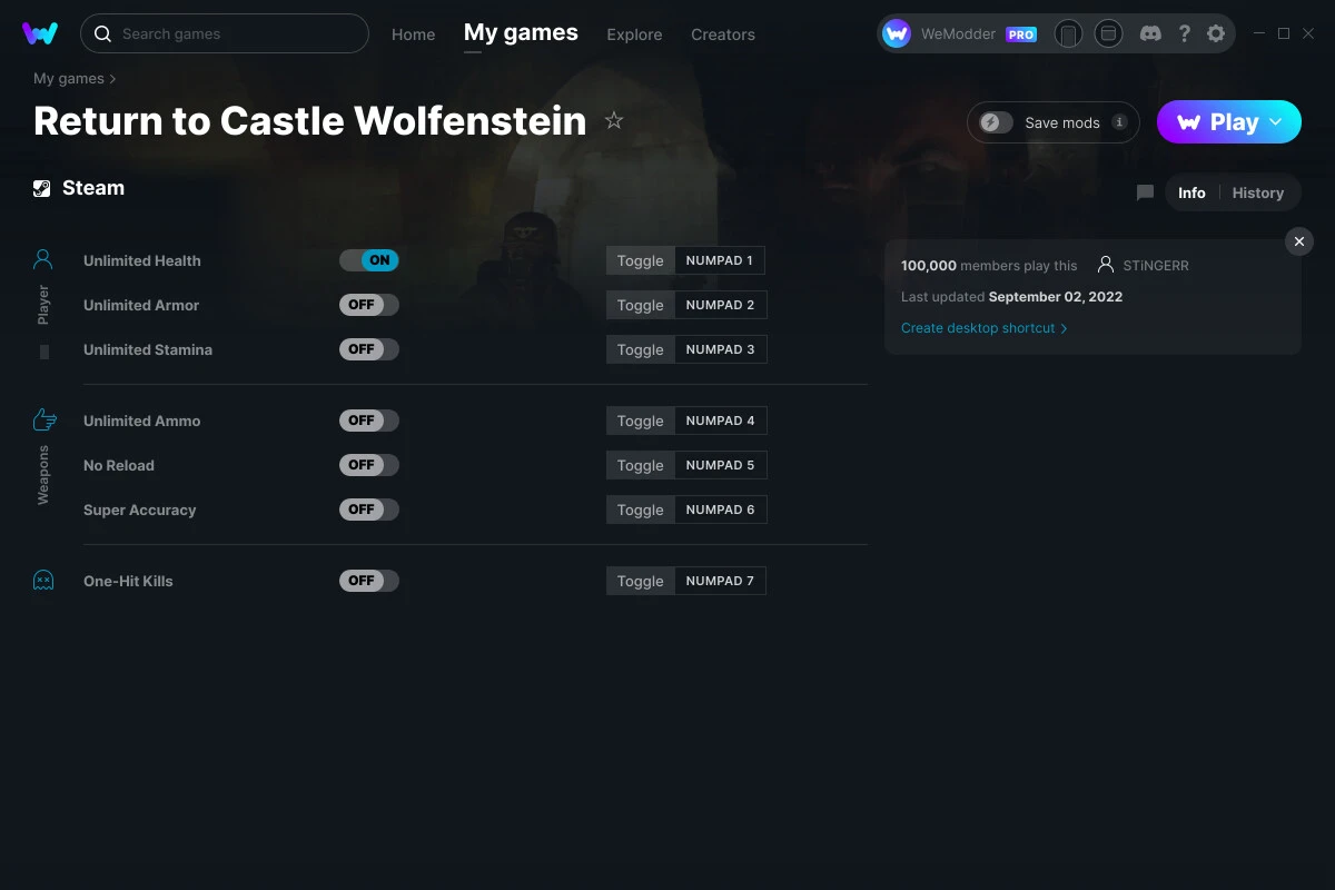 Return to Castle Wolfenstein "Трейнер +7" [UPD: 02.09.2022] {STiNGERR / WeMod}