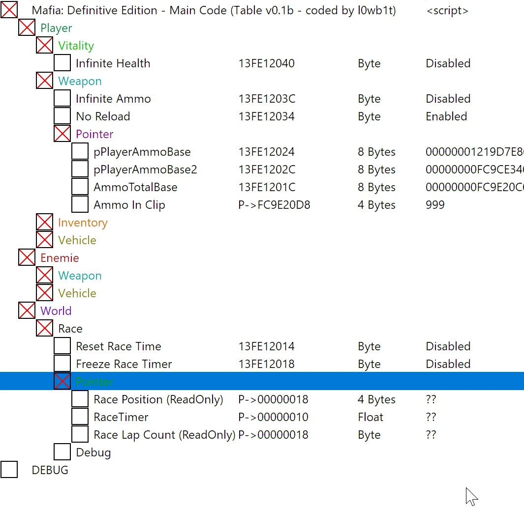 Mafia - Definitive Edition: Таблица для Cheat Engine [UPD: 29.09.2020] {l0wb1t}