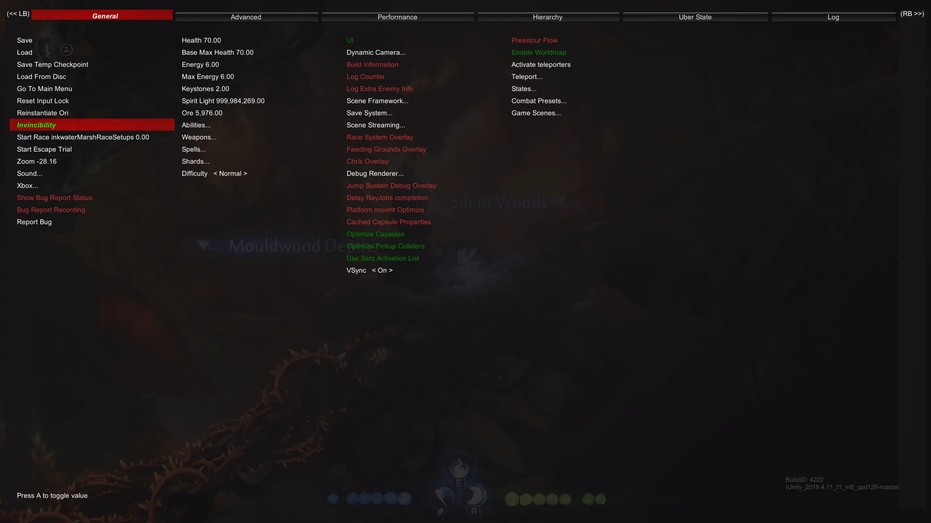 Ori and the Will of the Wisps "Меню отладки"