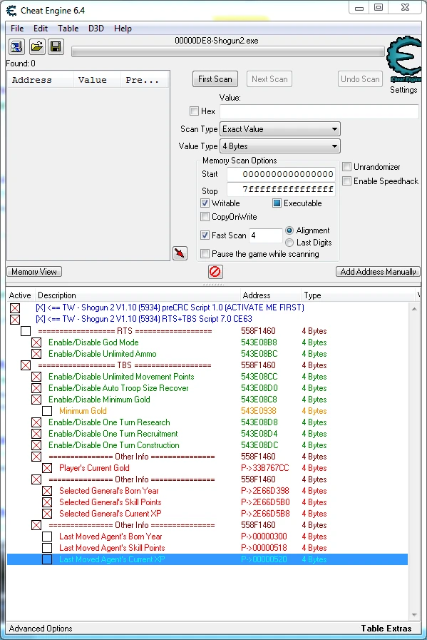Total War: Shogun 2 - Fall of the Samurai: Таблица для Cheat Engine