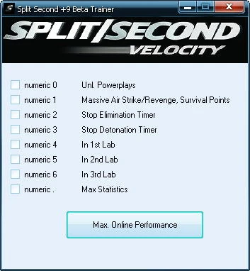 Split/Second: Velocity: Трейнер (+9) [1.0]
