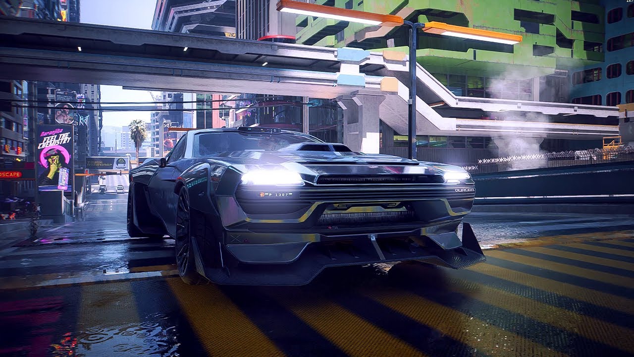 Автопилот в Cyberpunk 2077 2.3: атмосферная поездка по улицам Найт-Сити под дождём
