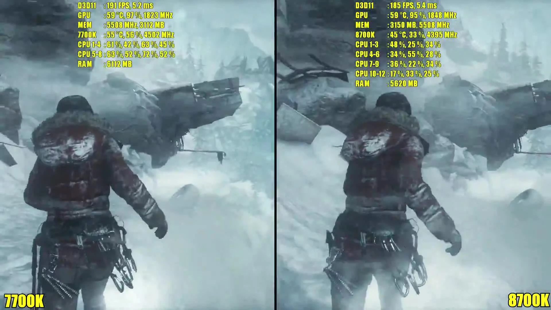 Сравнение частоты кадров - Rise Of The Tomb Raider 8700K Vs 7700K 1080 TI