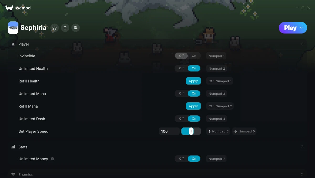 Sephiria "Трейнер +10 от WeMod: Здоровье, мана, скорость, деньги и пр"