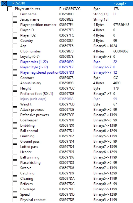 Pro Evolution Soccer 2018: Таблица для Cheat Engine (Стать легендой) [Alpha 0.4 by man's nothot]