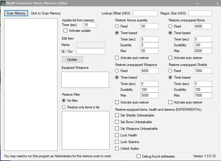 Legend of Zelda: Breath of the Wild: Zelda BotW Inventory Items Memory Editor [1.0.0.10]