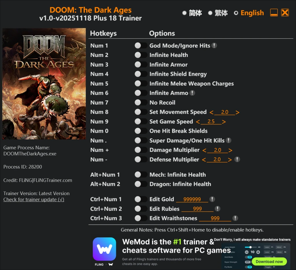 Doom: The Dark Ages "Трейнер +18 от FLiNG: Здоровье, броня, энергия и пр" [1.0 - UPD: 18.11.2025]